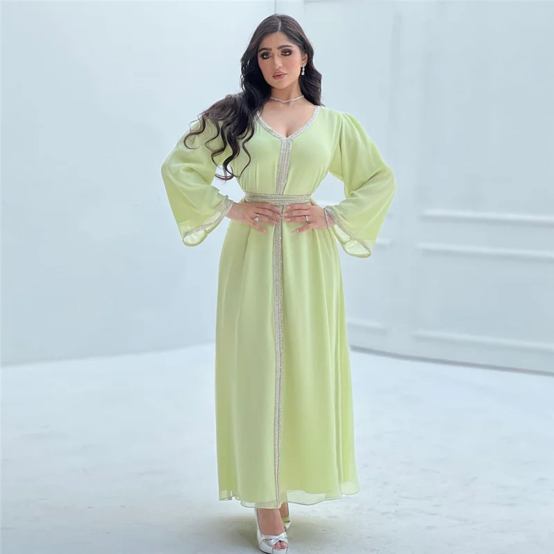 Arabic Abaya Luxury Beading Muslim Women Long Dress Dubai Turkey Moroccan Jalabiya Maxi Robe Chiffon Summer Hijab Dress Ramadan