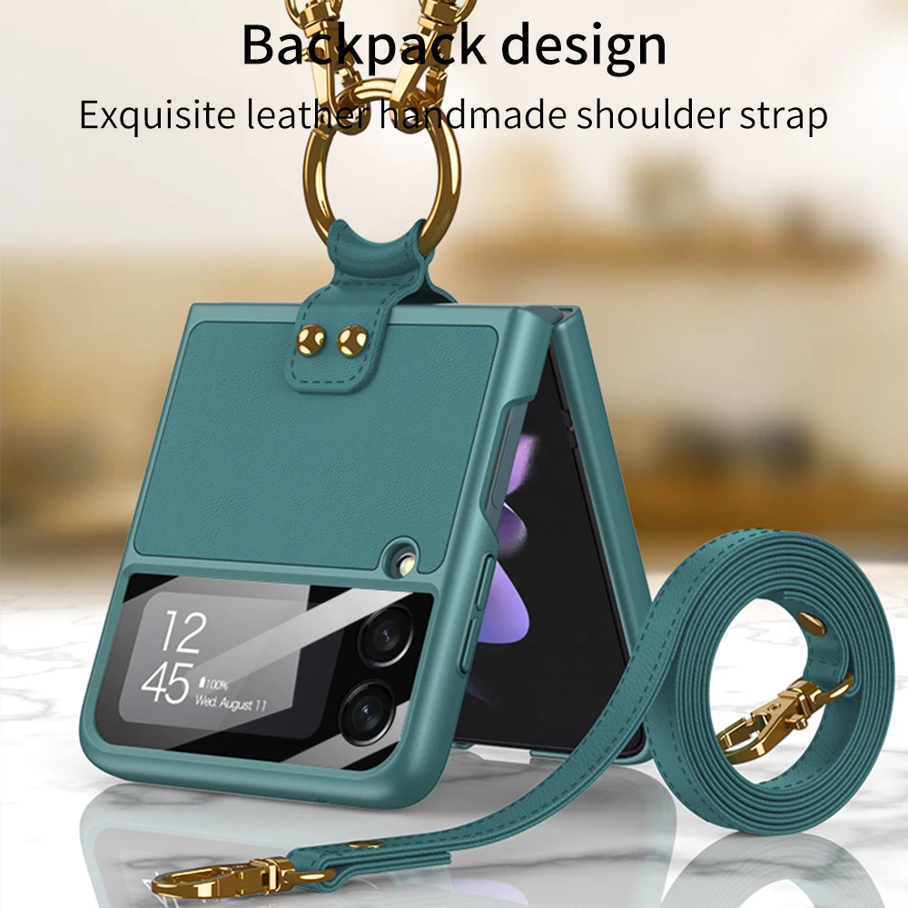 

Ультратонкий кожаный чехол для Samsung Galaxy Z, флип-чехол с кольцом-подставкой, стеклянная задняя крышка для Samsung Z, флип-чехол с 3 ремешками