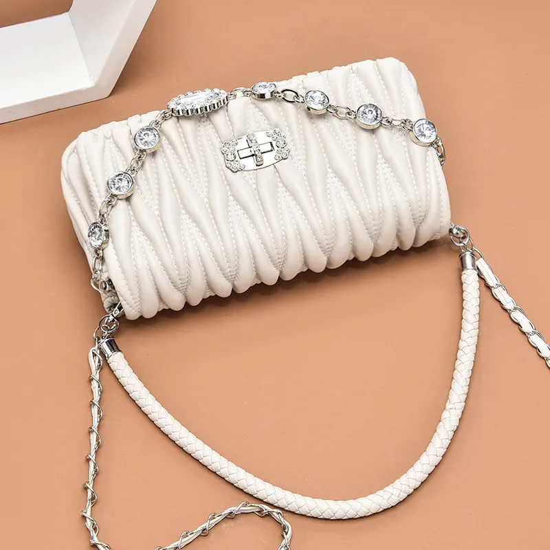 New Fashion Ladies Shoulder Bag Chain Pleated with Diamonds Small Bag for Women Luxury Designer Brand