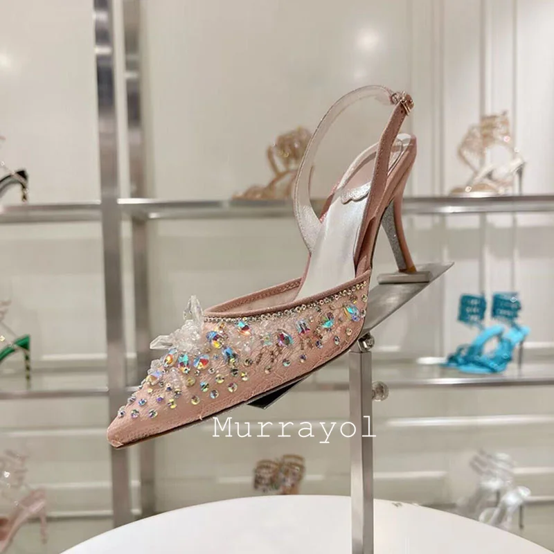 Новые кружевные марлевые босоножки с острым носком на тонком каблуке женские