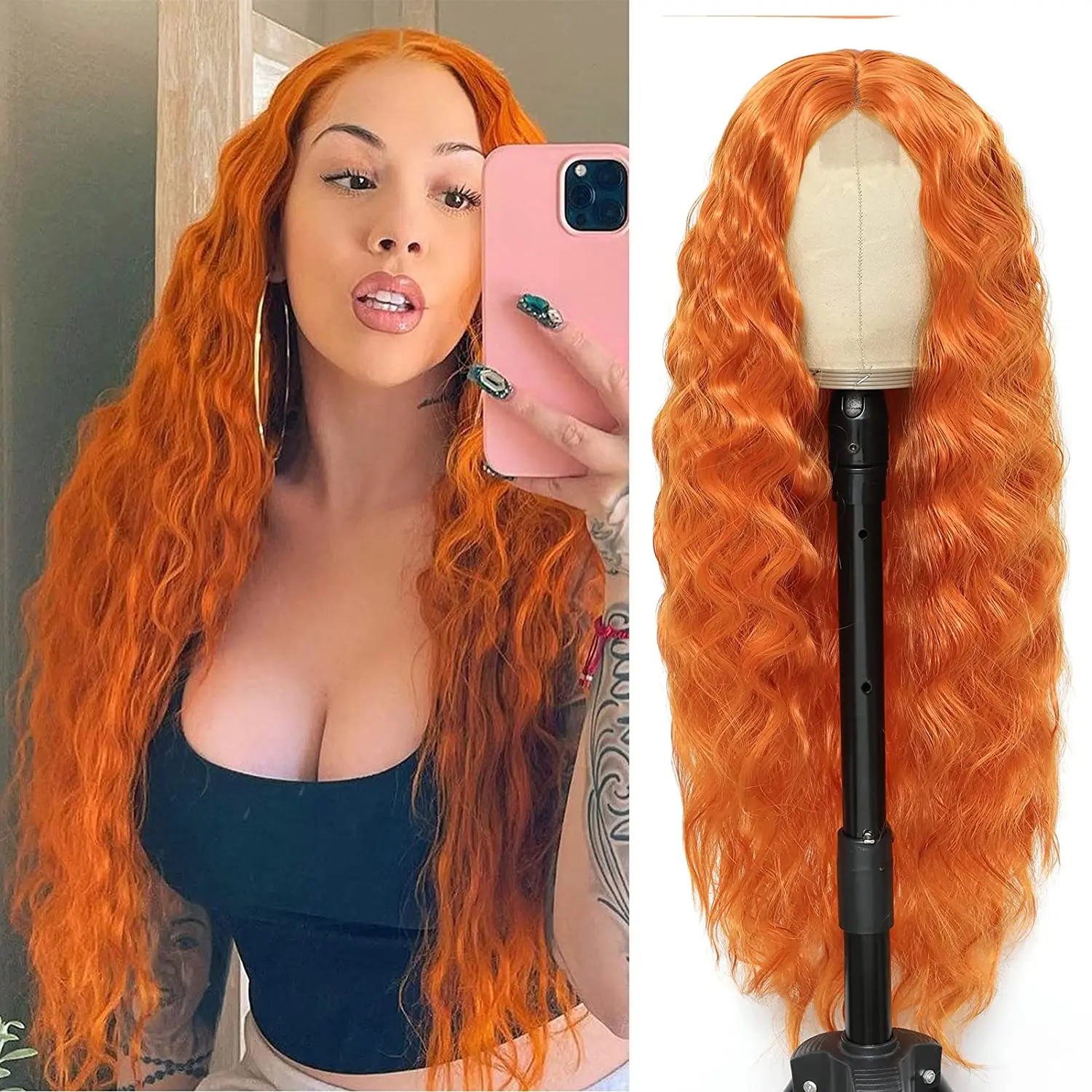 

Ginger Orange Wig Deep Wave Curly Wig Middle Part Synthetic Wigs for Women Orange Body Wave Heat Resistant Wig For Party Cosplay