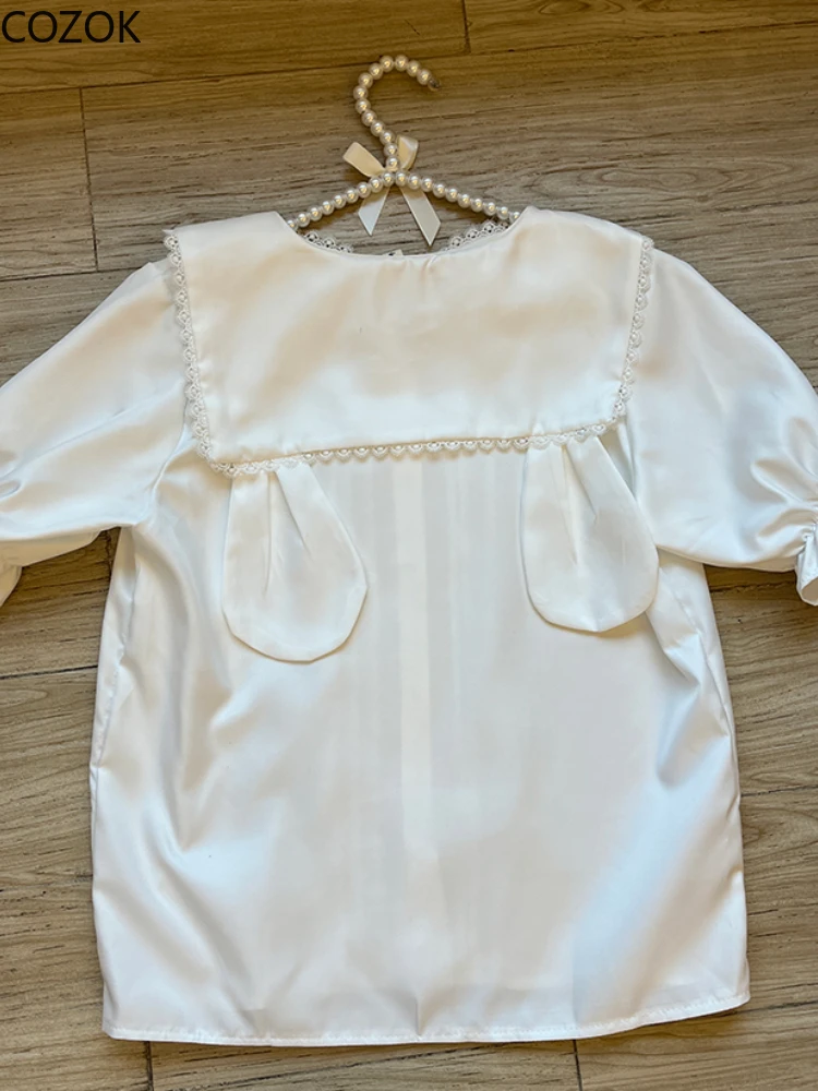 Summer Kawaii White Lolita Blouses Women Sweet Japan Fashion Peter Pan Collar Cute Rabbit Ear JK Shirt Girl Doll Tops Y2k Blusas