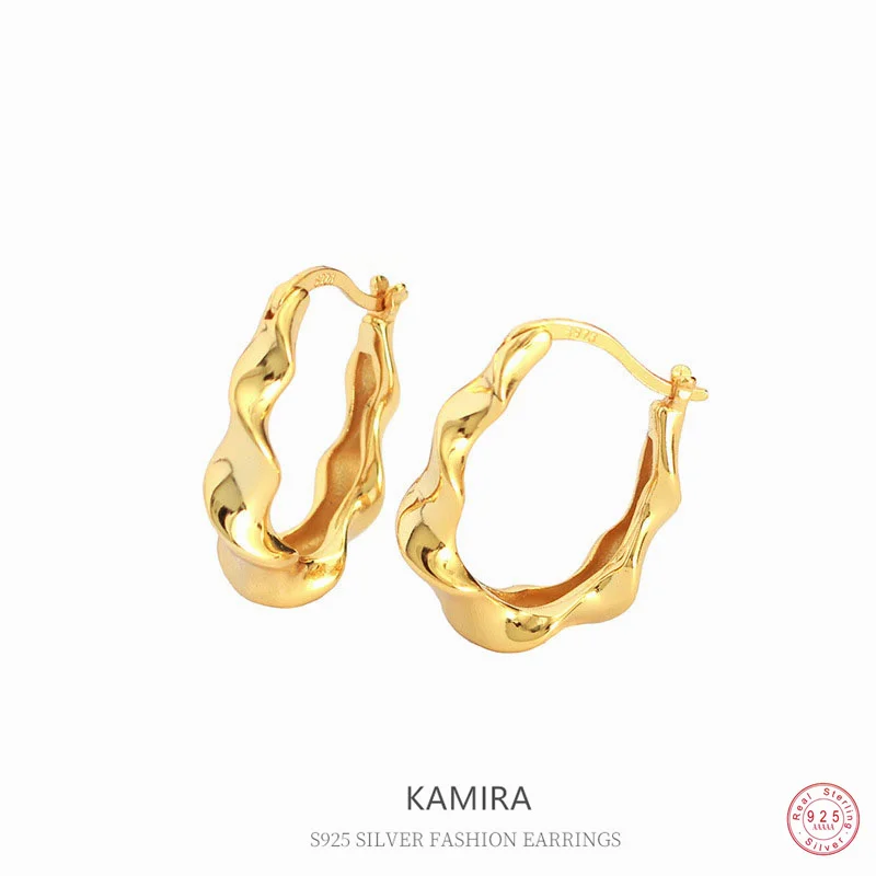

KAMIRA Real 925 Sterling Silver Vintage Twist Wave Piercing Hoop Earrings for Women Luxury Fashion Party Glamour High Jewellery