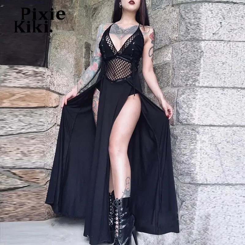 

PixieKiki Sexy Black Halloween Dress for Women Gothic Dark See Through Mesh Backless Double High Split Maxi Dresses P80-FF43