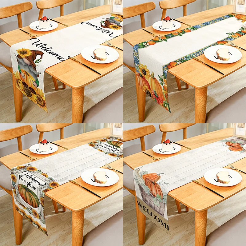 

Thanksgiving Day Sunflowers Pumpkin Dwarfs Linen Table Runner For Home Dining Table Festival Party Décor Multiple Size