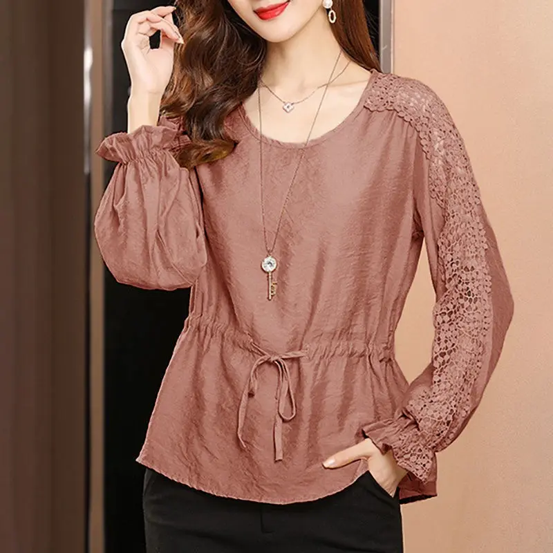 

Lace bow chiffon shirt female blouse sleeves early spring new lace o neck solid casual splicing shirt large size loose blouse