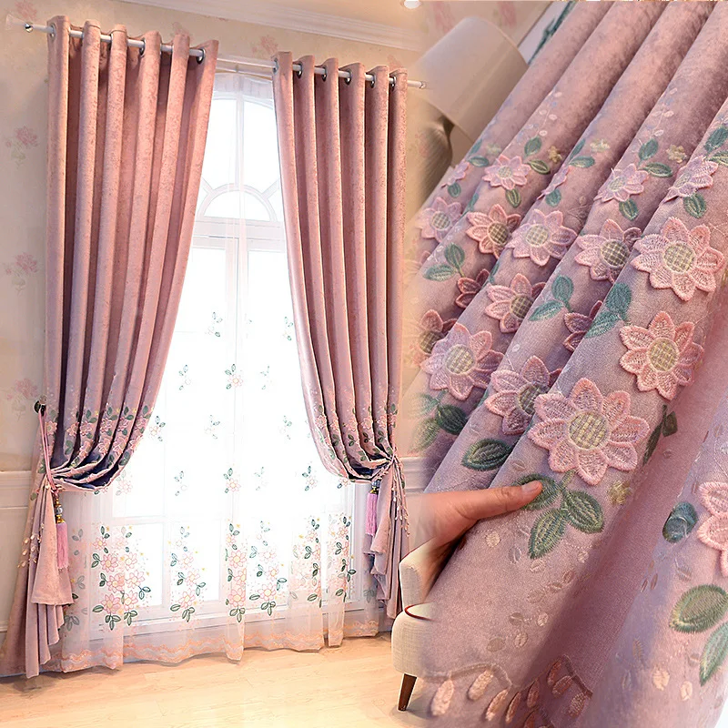 

New Style Curtains for Living Dining Room Bedroom Pink European Embossed Embroidered Fresh Study French Windows and Bay Windows
