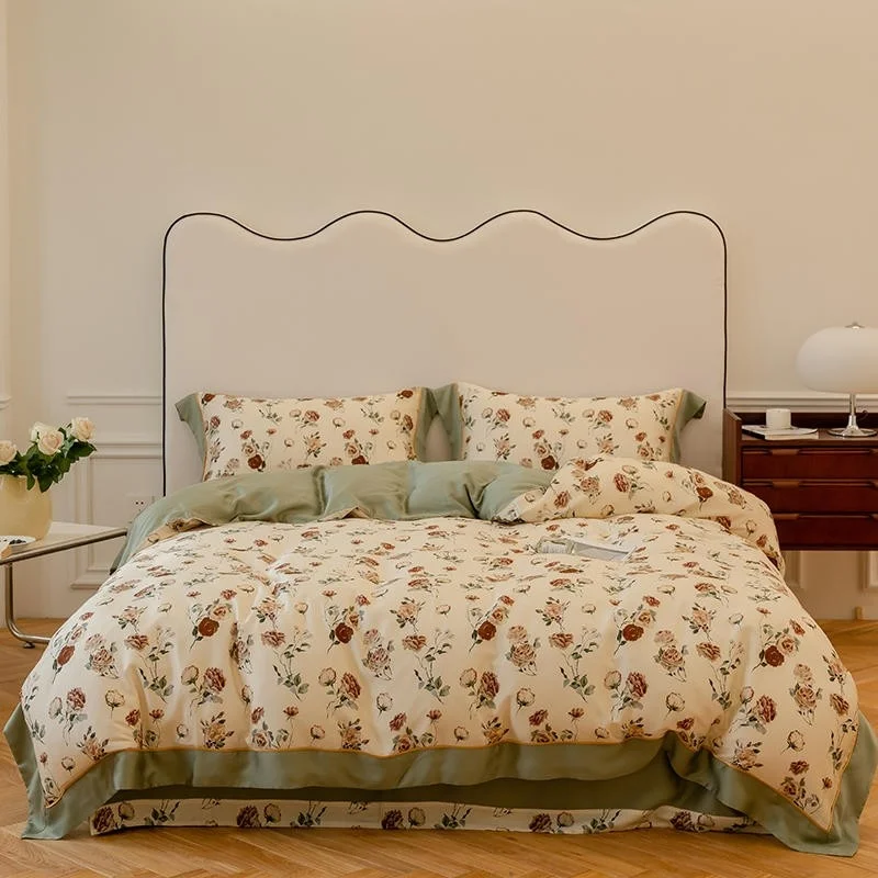 

Chic Elegant Floral Bedding Set Fresh Cooling Eucalyptus lyocell 4Pcs Double Queen Summer Soft Duvet cover Bedsheet Pillowcases