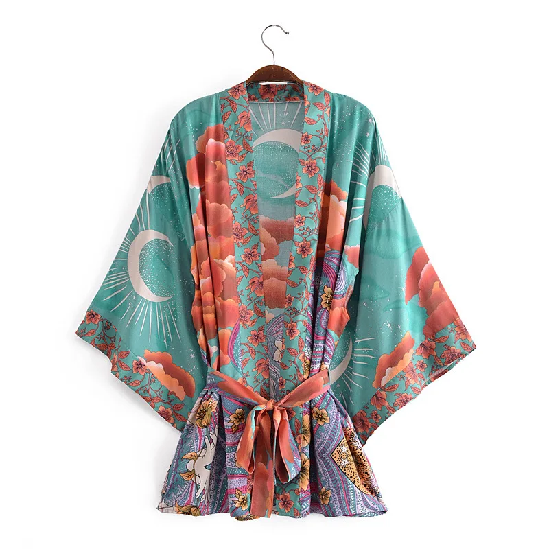 

Boho Vintage Star and Moon Floral Print Sashes Women Bohemian V Neck Batwing Sleeves Happie Short Robe Kimono Dress Cover-ups