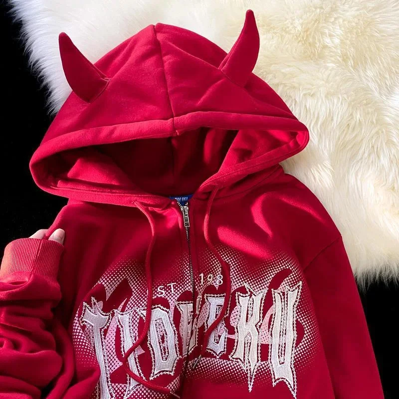 

Брендовая Толстовка Harajuku с надписью Kawaii Horn Devil Zip Up, куртки, Подростковая парная Толстовка Оверсайз, пальто, хип-хоп, уличная