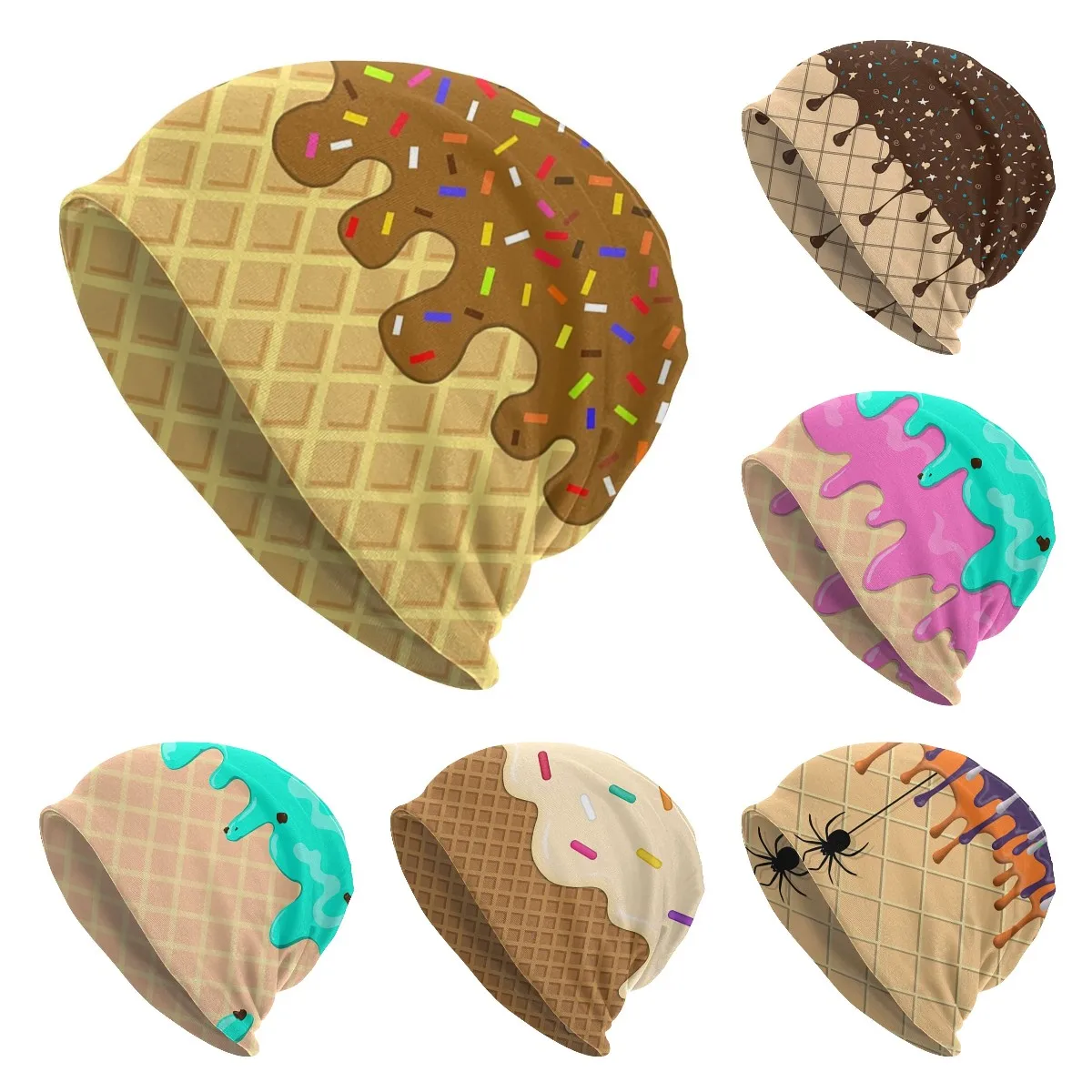 

Melting Chocolate Ice Cream Cones Skullies Beanies Caps Winter Warm Women Men Knit Hat Adult Unisex Waffle Pattern Bonnet Hats