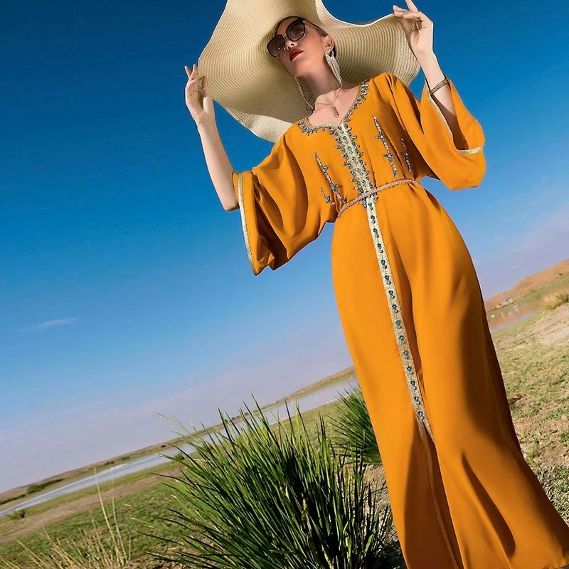 

Ramadan Abaya Femme Muslim Dress Islam Abayat Diamond Fashion Orange Open Abayas for Women Dubai 2022 Turkey Islamic Clothing