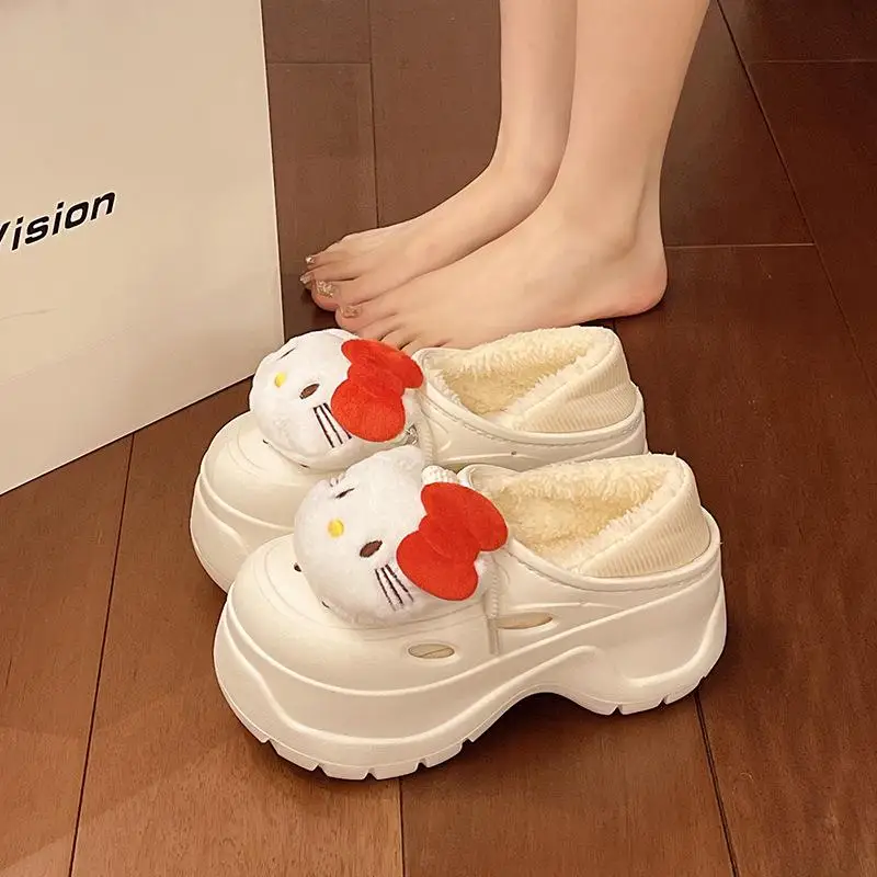 Хлопковая обувь Kawaii Hello Kitty женские зимние хлопковые тапочки Sanrio Caroon