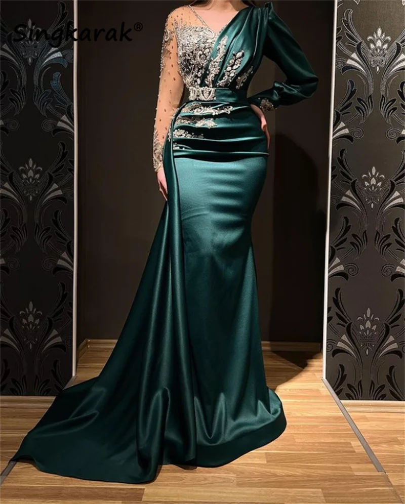 Hunter Green Muslim V-Neck Mermaid Evening Dresses 2022 Elegant Lace Pearls Beaded Crystal Satin Wedding  Party Gowns Vestidos