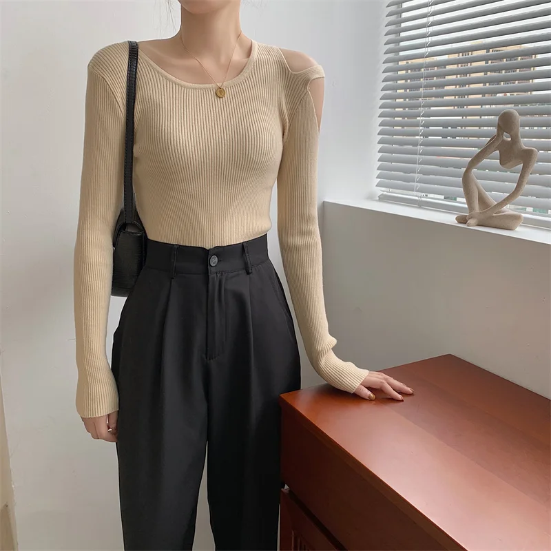 

Autumn Winter New Women Long Sleeve Versatile Strapless Knitted T-shirt Solid Color Slim Fit Tops Vertical Bar Bottoming Shirt