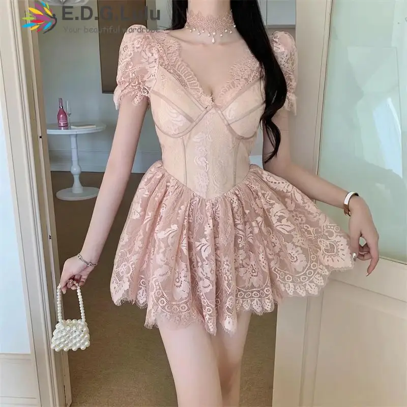 

EDGLuLu Deep V-neck Short Sleeve White Lace Dress Summer Dress Women 2022 Elegant Party Cutout Embroidered Pink Lace Dress 0424