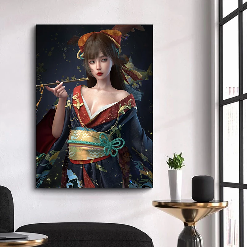 

Модный популярный привлекательный постер кимоно для девушки и кои, красивая Картина на холсте, печать HD, Настенная картина, украшение для сп...