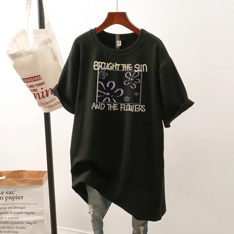

DAYIFUN Cotton L-4XL T Shirt Dress Mid Length Letter Print Tshirt Short Sleeve Women Top Summer Plus Size Oversized T Shirts