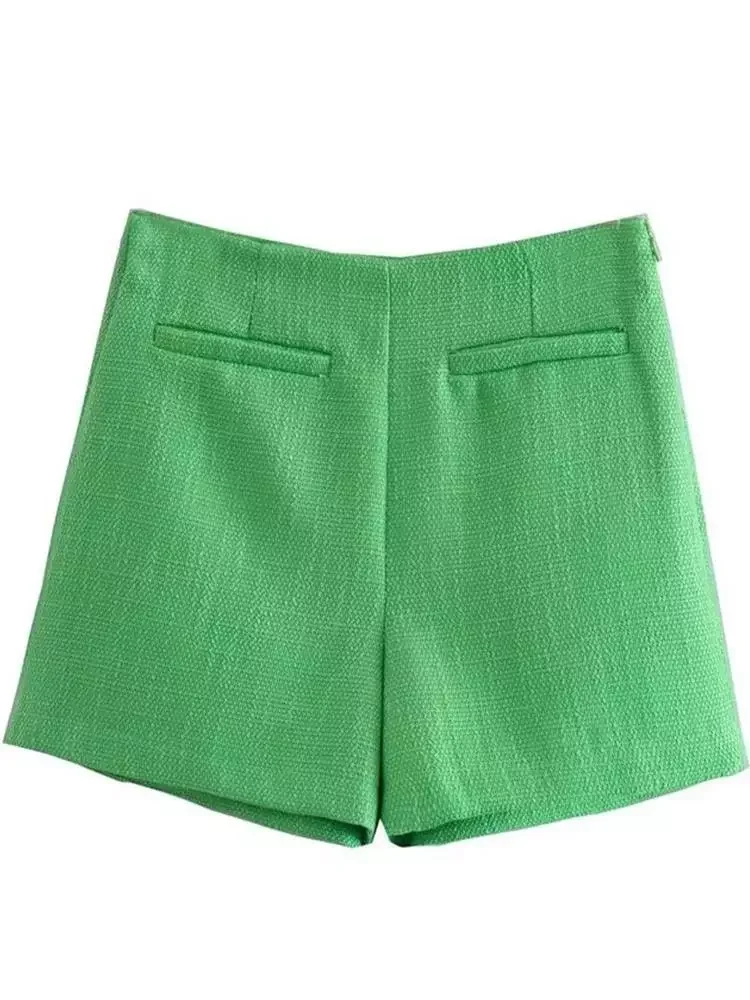

TRAF Women 2022 Fashion Solid Color Tweed Front Pleated Shorts Vintage High Waist Side Zipper Female Short Pants Streetwear