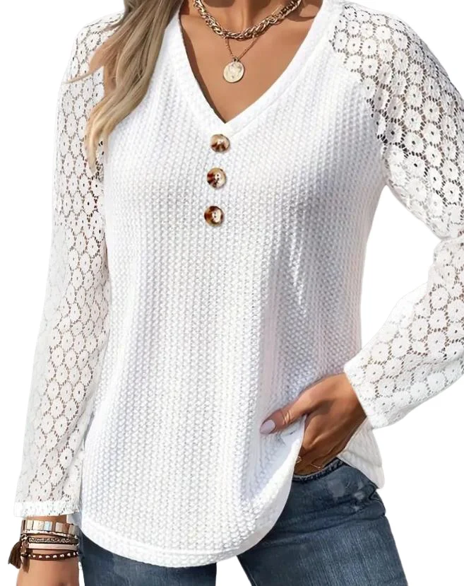 

Fashion Woman Blouse 2023 Autumn New Casual Daily V-Neck Long Sleeve Lace Patch Button Decor Top Basic Versatile Elegant