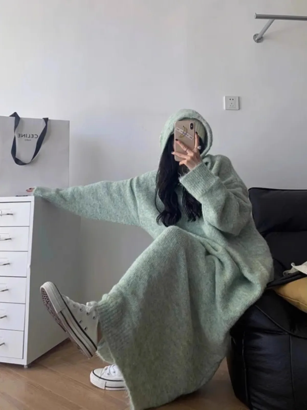 Plus Size Plus size Hood Knitted dress Women Autumn and Winter Chubby Girl .00 Kg-50.00 kg Loose Slimming Pregnant Long...