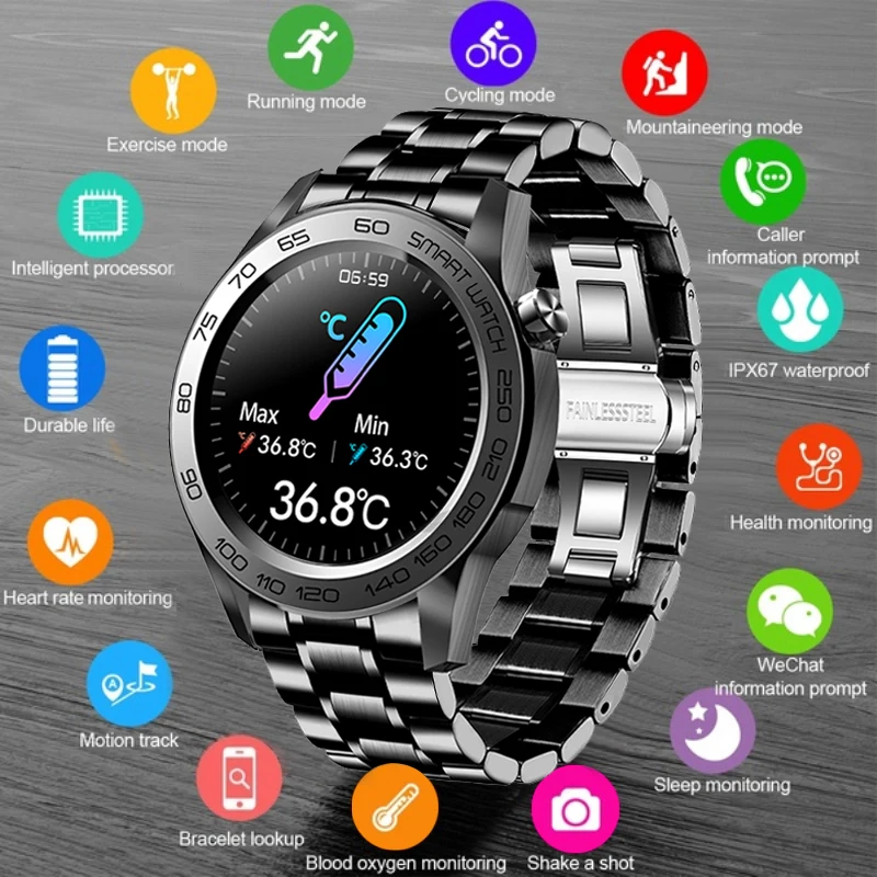 

2021 Smart Watch Men Pedometer Sport Fitness Full Touch Intelligent Clock Body Temperature Waterproof Smartwatch For Android iOS