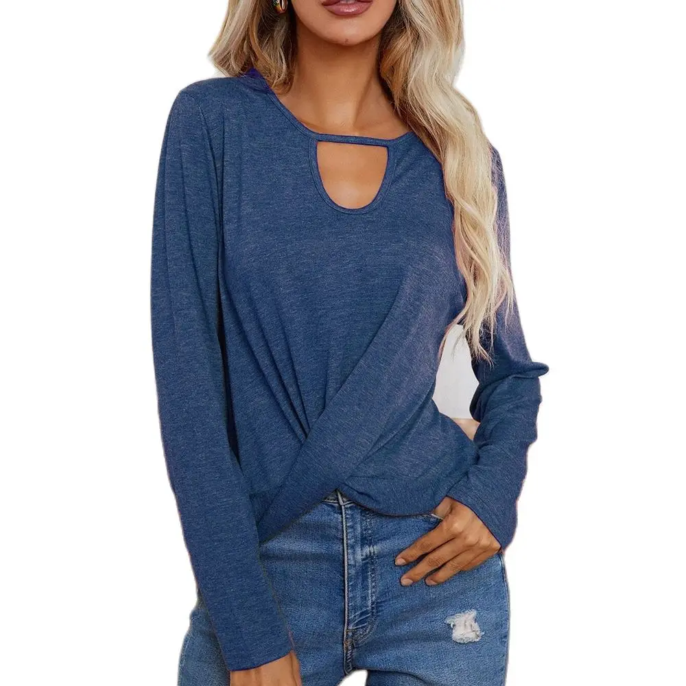 

Повседневная Женская футболка с перекрестной талией 2022, индивидуальные хлопковые рубашки с длинным рукавом и круглым вырезом, женская блуз...