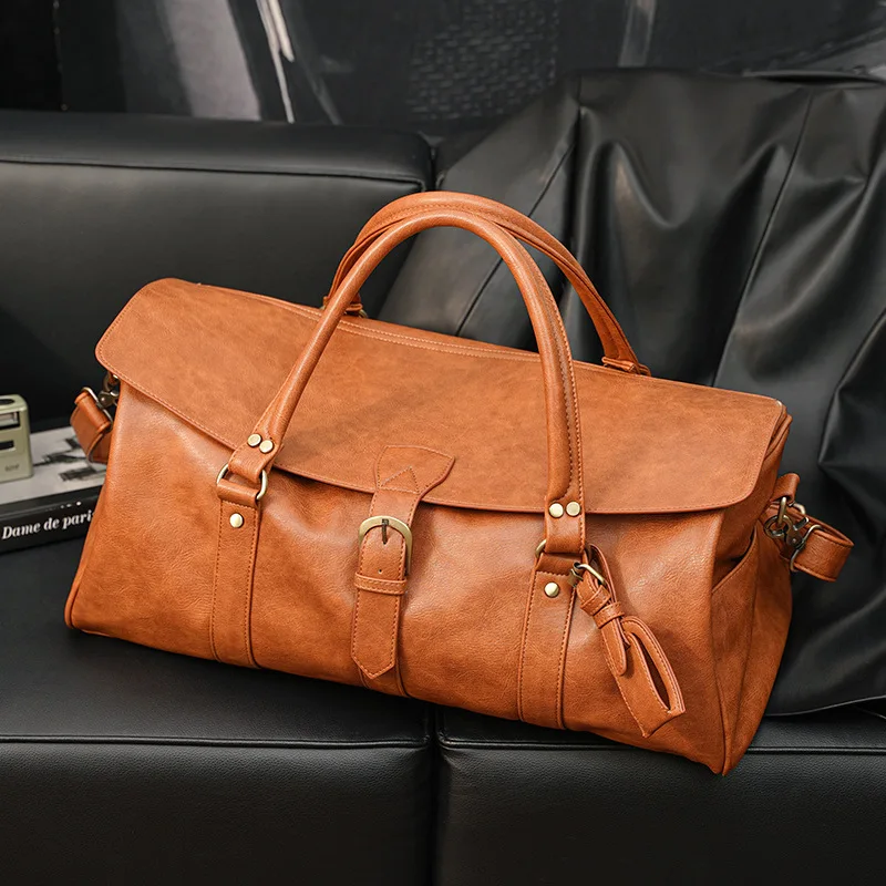 Large Capacity Men's Portable Travel Bag Luxury PU Leather Handbag Travel Luggage Bag Boarding Bag Male Fashion Shoulder Bag