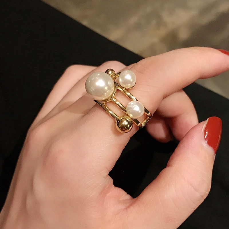 

New Exaggerated Multi-layer Metal Pearl Open Ring Retro Temperament Index Finger Ring Woman Korean Fashion Light Luxury Jewelry