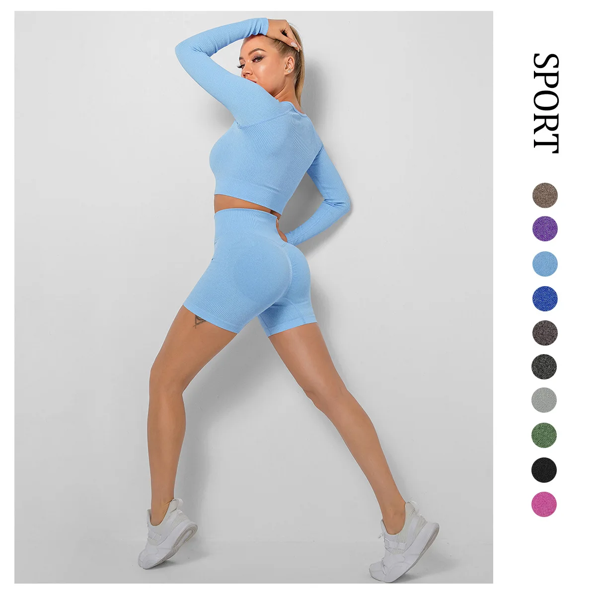 

Бесшовный Комплект Для Йоги Женский спортивный Топ с длинным рукавом персиковые облегающие шорты для бега спортивный костюм Одежда для фит...