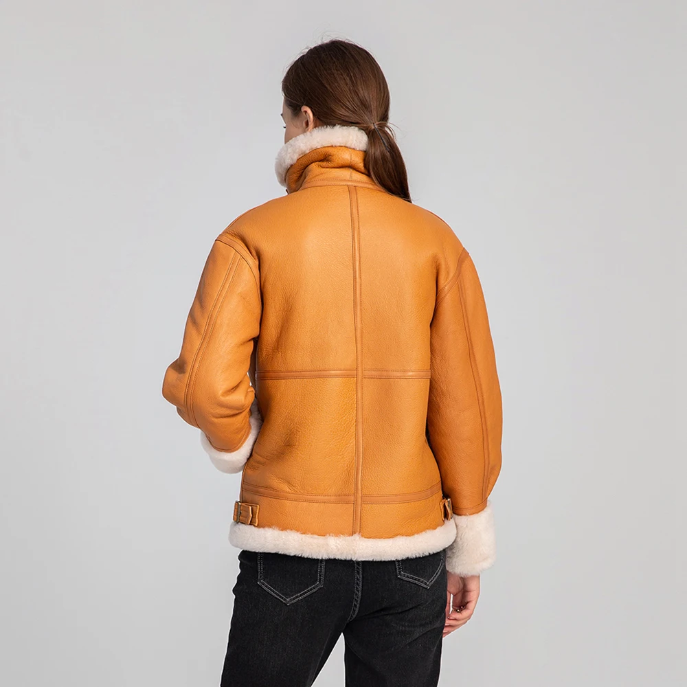 Lady Winter Leather Jackets Shearling Coats Motorcycle Genuine Sheepskin Leather Wool Fur Lining Warm Overcoats 2022 New 3628