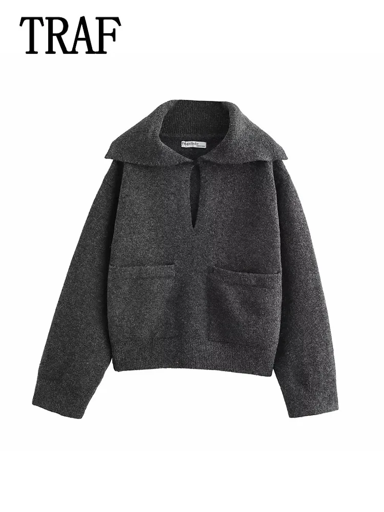 TRAF женский вязаный топ с отложным воротником и длинными рукавами новый осенний