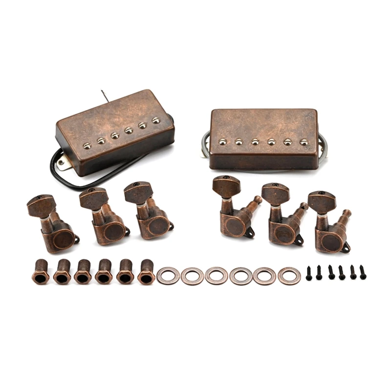 

2022 New 6 pcs Bronze Electric Guitar Double Coil Neck Bridge Pickup Tuner Machine Heads Right Hand Tuning Peg Replacement Parts