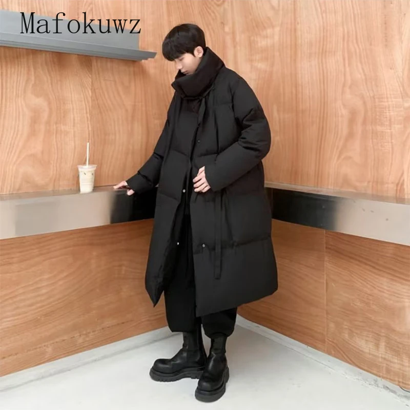 Зимнее однотонное длинное пальто с воротником-стойкой модное мужское теплое