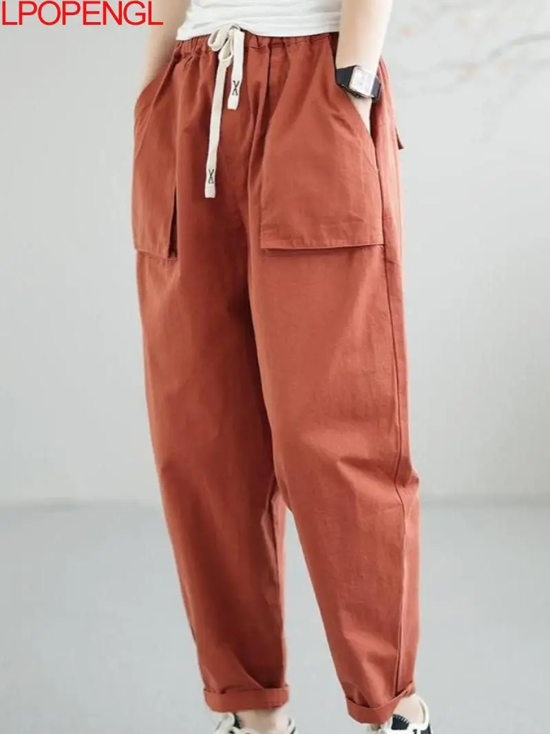 Casual Woman Ankle-length Pants 2023 Spring And Summer New Splicing Straight Loose Solid Color Simple Drawstring Harem Pants