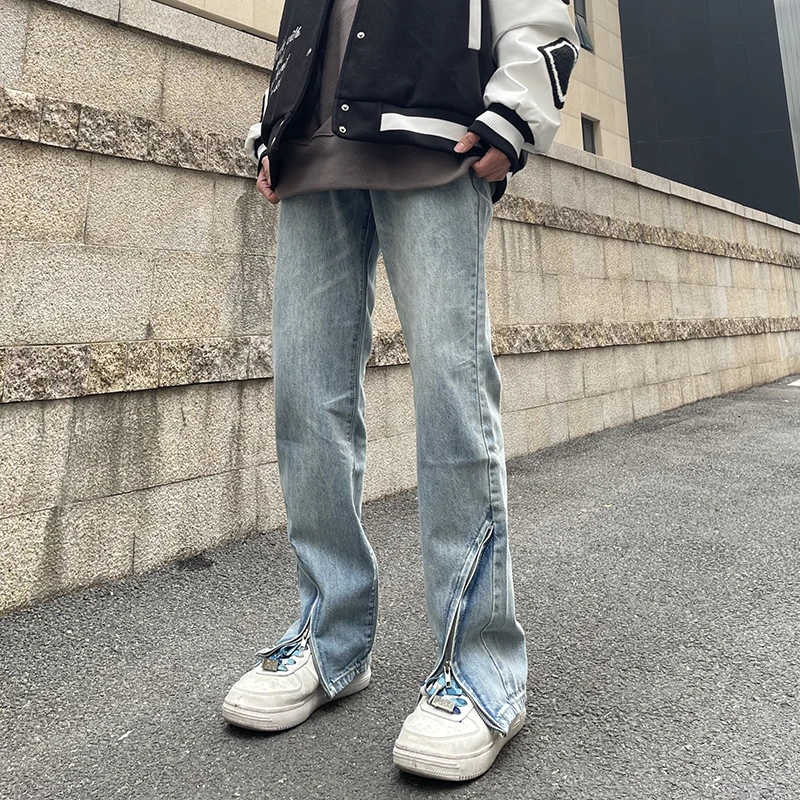 

Front Anle Scimitar Zipper Retro Washed Blue Jeans for Men and Women Straight Streetwear Casual Denim Trousers Loose Harajuku