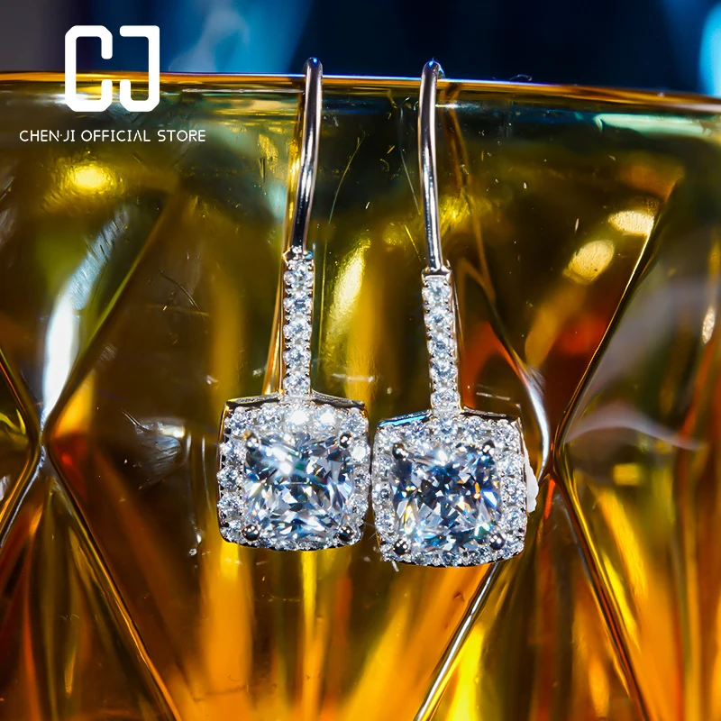 CHENJI 925 Silver Moissanite Earrings Women's Full Diamond Square Bag 1 Carat European And American Atmosphere