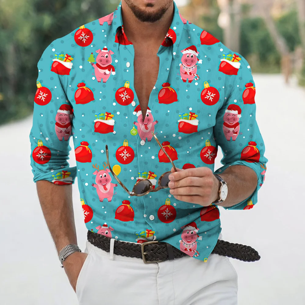 2022 New Men's Christmas Print Long Sleeve Button Shirt Fashion Casual Street Men's High quality Polo Large Top S-6XL