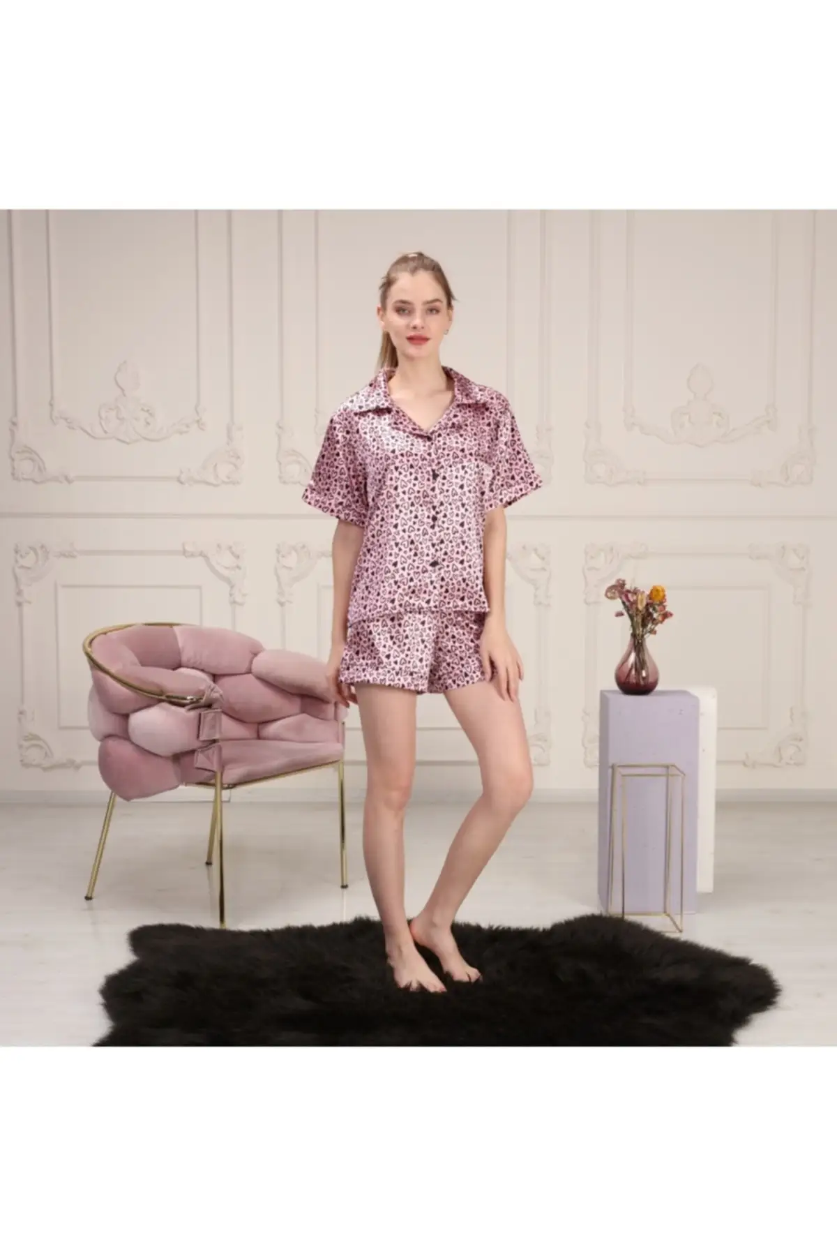

Women's Pajamas Pink Heart Sleep Lounge Pajamas Elastic Waist Nightwear Retro Sleepwear Night Suit Casual Home Clothing