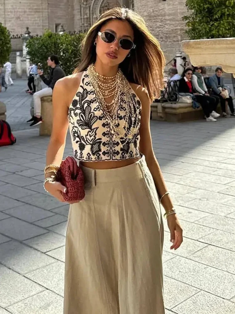 Zbza Женский Топ Без Рукавов С Вышивкой И V-образным Вырезом На Спине Со Скрытой