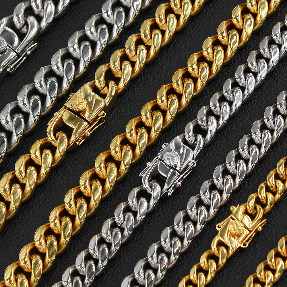 

Cuban Chain Necklace Men Hip Hop Jewelry Gold Color Miami Link Bracelet Solid Thick High Quality Smooth Tendrils of Buckle YS148