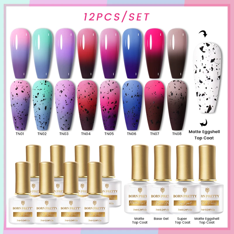 

BORN PRETTY 12PCS Matte Eggshell Temperature Color Changing Gel Polish Set Long Lasting Semi-permanent Nail Art Gel Varnish 7ml