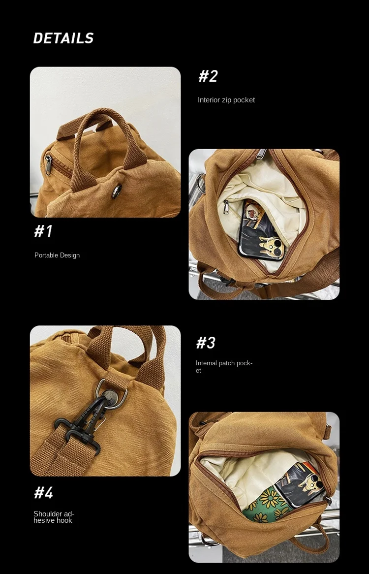 Large Capacity Washed Canvas Multi Shoulder Crossbody Bag Lazy Solid Color Small Backpack Casual Fashion Simple
