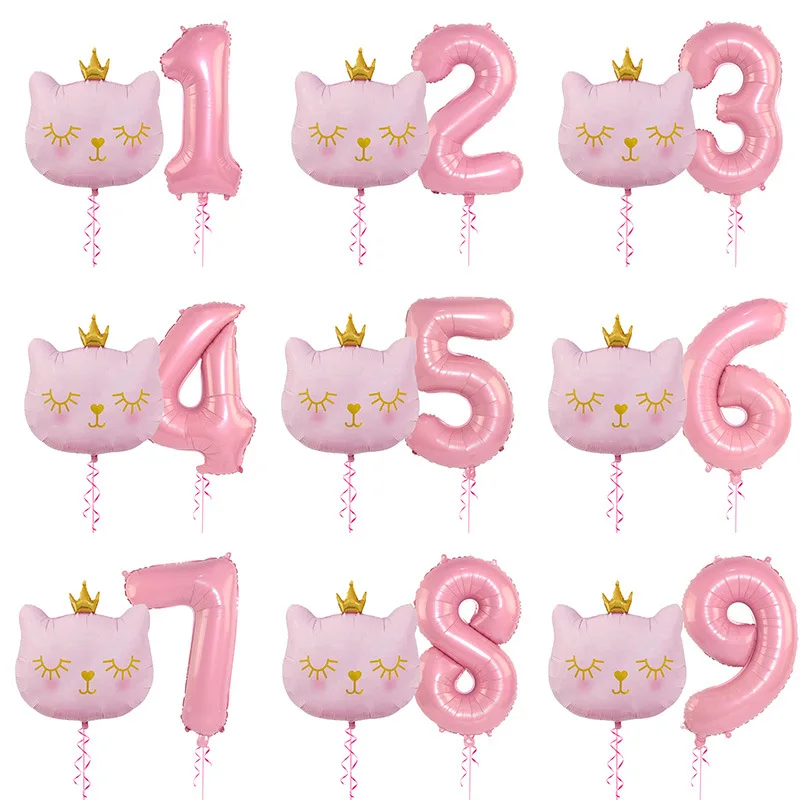 

2pcs Pink Crown Cute Cat for Baby Girl 32 Inch Candy Pink Angel Kitten Digital Foil Balloon Children's Birthday Party Decoration