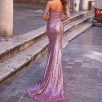sexy backless mermiad off the shoulder women formal evening dress luxury sequined glitter satin classic pink prom evening gown