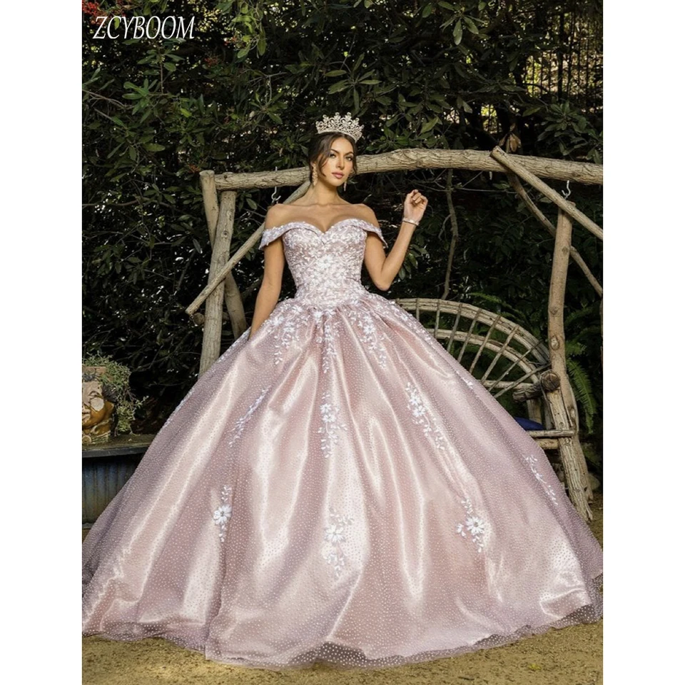 

Gorgeous Pink Flowers Appliques Off The Shoulder Evening Dress 2023 Ball Gown Floor Length Sweep Train Lace Up Graduation Dress