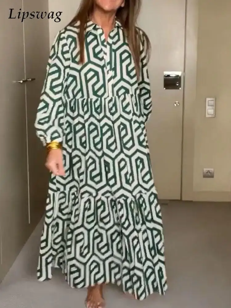 

Женское платье с длинным рукавом, винтажное свободное платье с драпировкой и графическим принтом