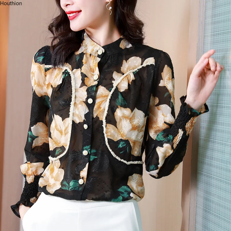 

Print Chiffon Women's Blouses Casual O-neck Shirt. Summer Fashion Clothing Long Sleeve Top