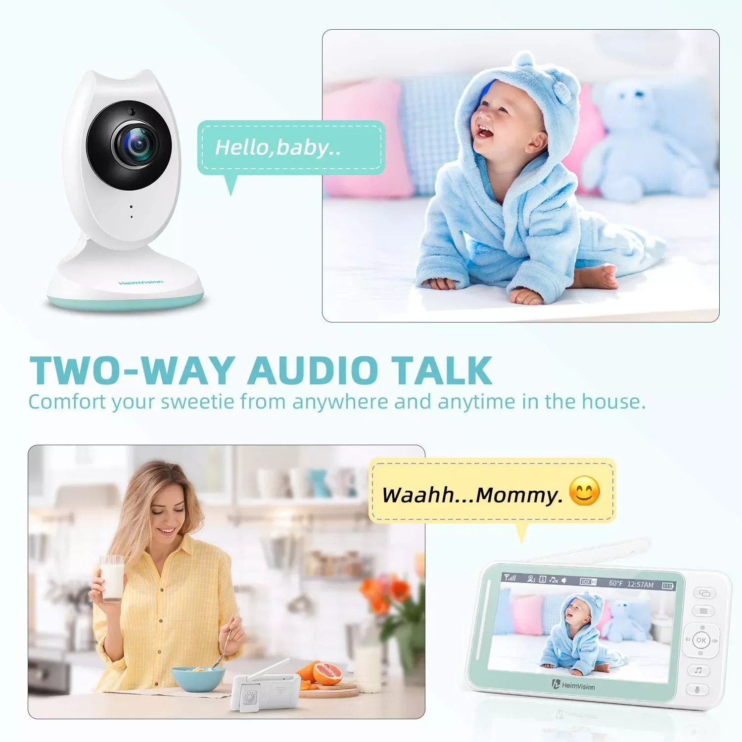 2023New HeimVision HM132 4.3 inch Baby Monitor with Camera Nanny 2-split Screen Night Vision VOX Mode 2 Way Audio Temperature Mo