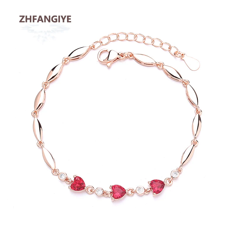 

ZHFANGIYE Heart Bracelet 925 Silver Jewelry with Ruby Zircon Gemstone Trendy Accessories for Women Wedding Promise Party Gift